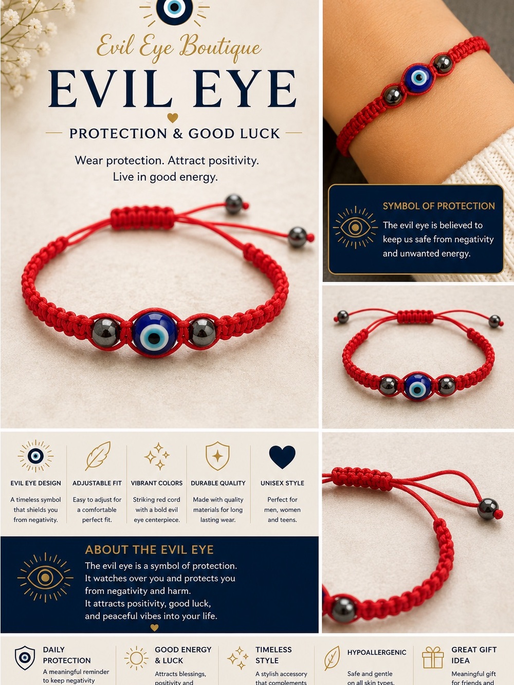 Evil Eye Adjustable Red Bracelet with Blue Eye Bead -